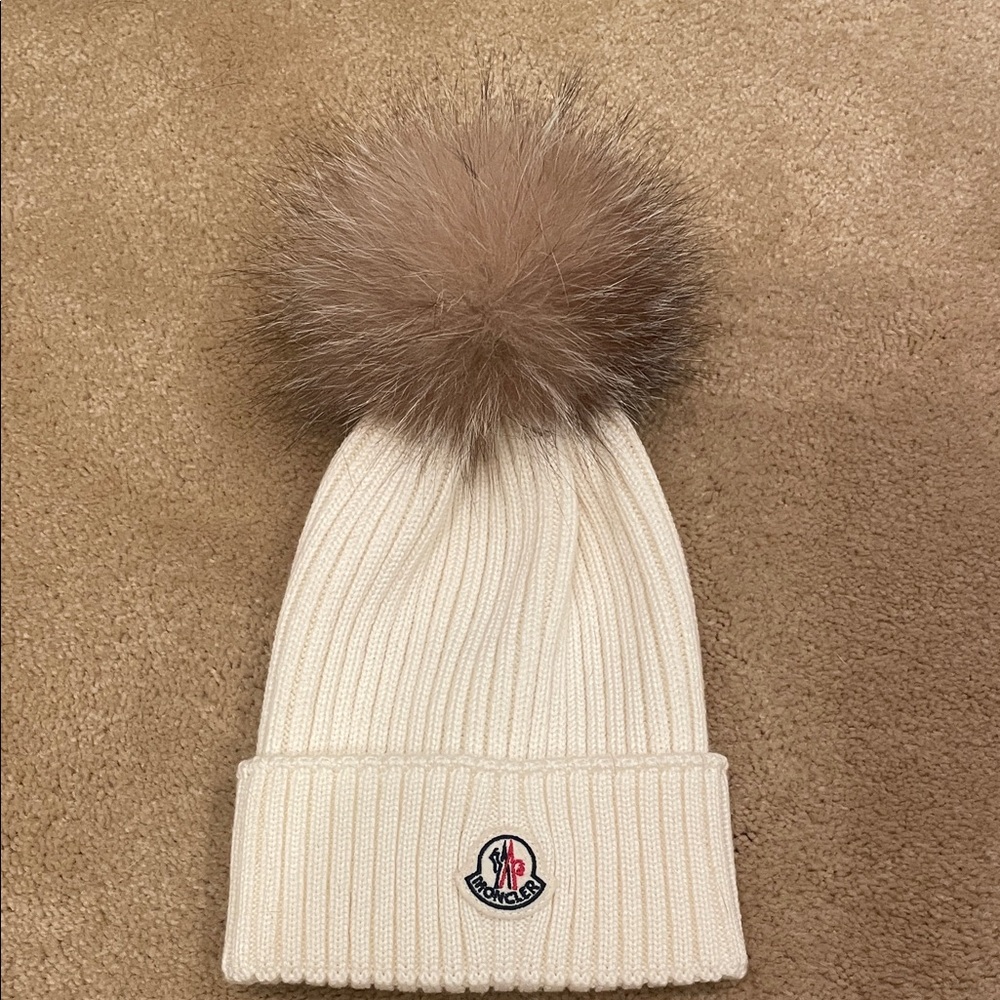 Moncler Kids Ivory Knit Hat with Fluffy Brown Pom-Pom